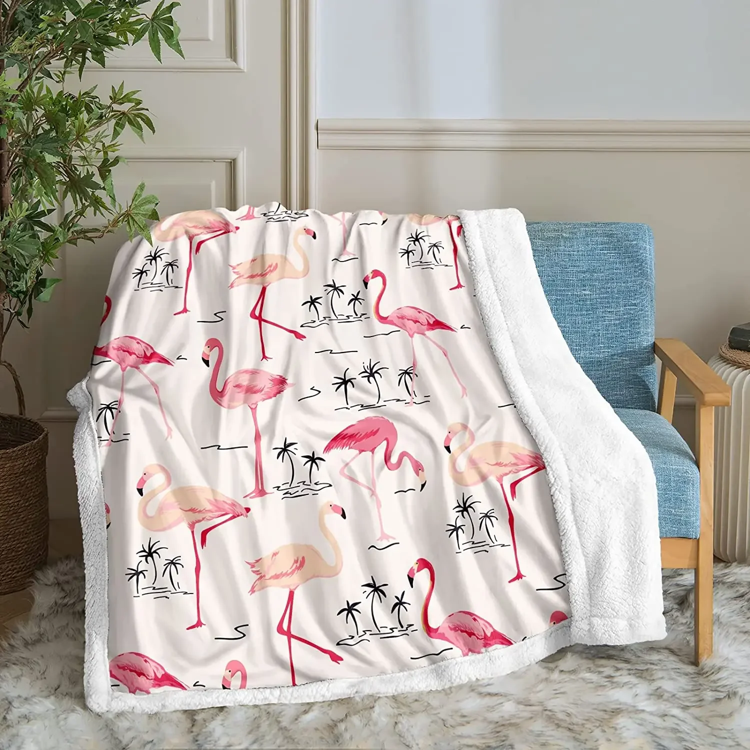 Flamingo Girls for Woman Blanket Tropical Throw Blanket Pink Flamingos Pattern Sherpa Fleece Blanket Soft Warm Plush Blanket