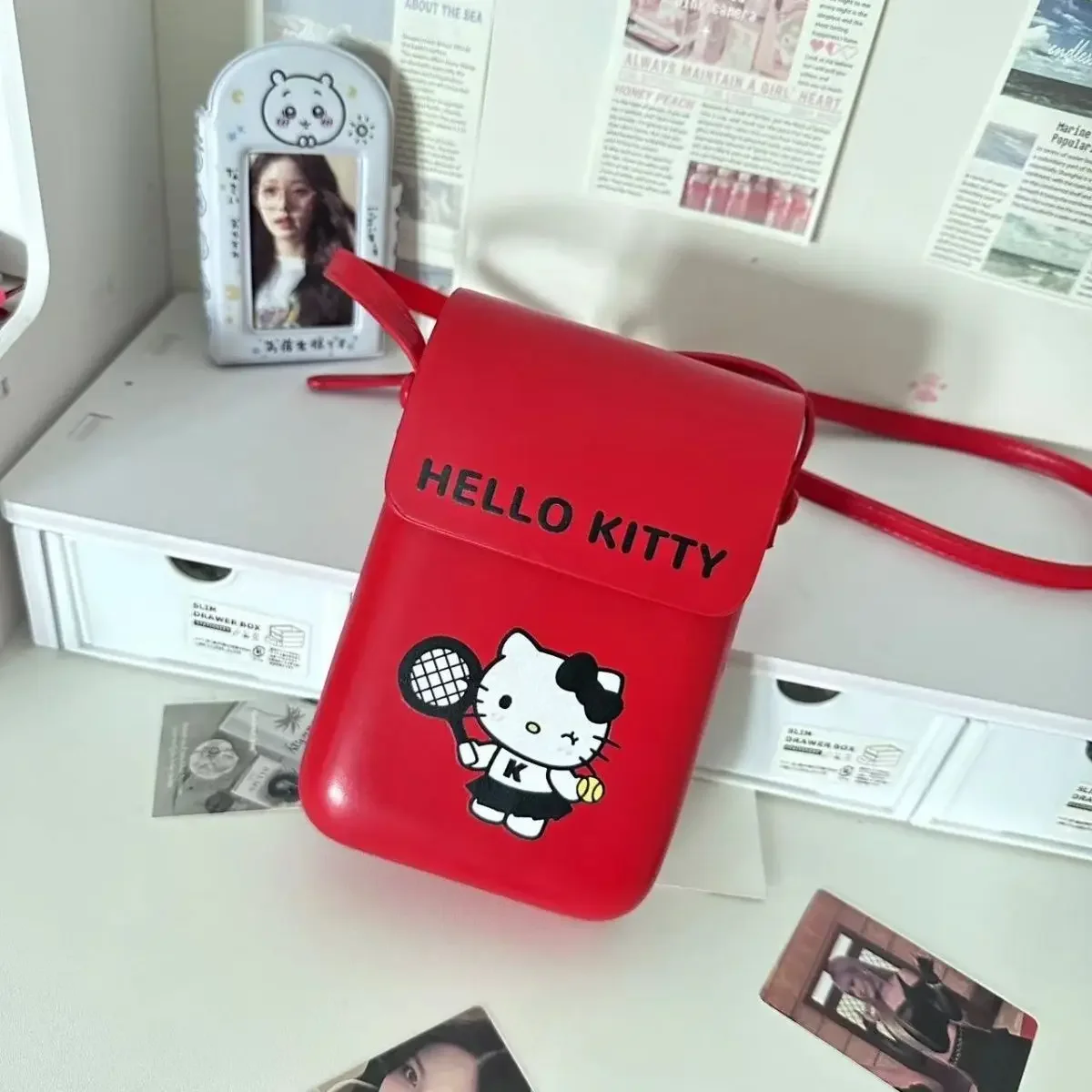 miniso Hello Kitty Mobile Bag Women Mini Handbag Japanese Cute Crossbody Bag Y2k Cartoon Cute Bag Aesthetics Pu Leather Handbag