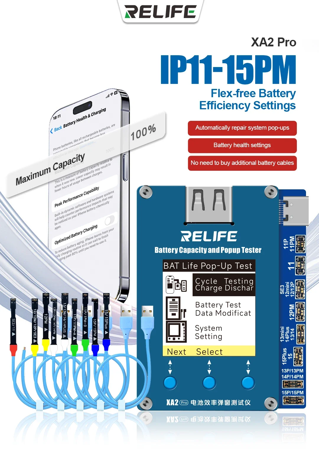 RELIFE XA2 Pro Battery Efficiency Life Pop-up Tester Supports IPhone 11-15 Series Battery Repair Pop-up Function