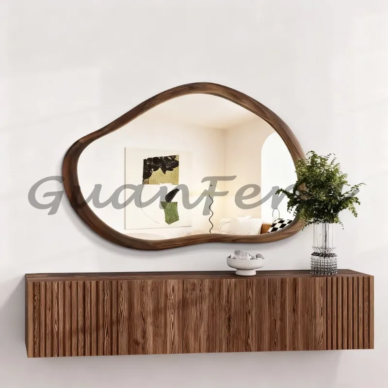 Retro Walnut Wood Wall Mirror, Luxury Wall Mounted Bathroom Bath Mirror, Modern Decor Ornament for Bedroom Dressing Table Decor