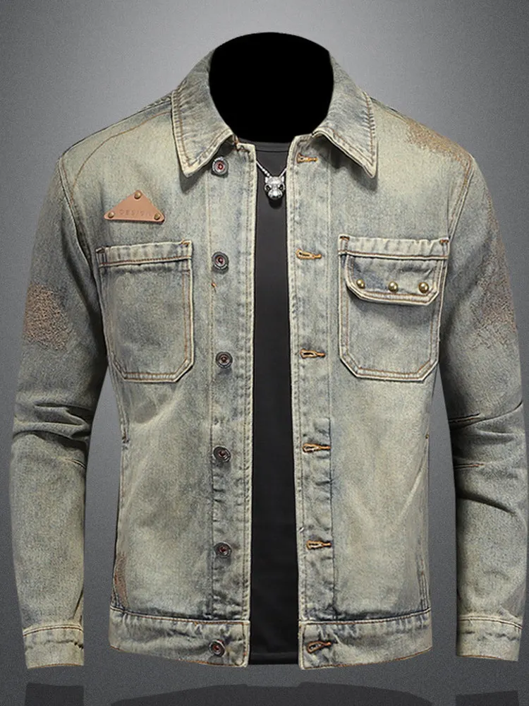 

Vm Мужская джинсовая куртка на весну и осень, повседневный дизайн, нашивки с заклепками, свободный крой, большой размер, молодежный модный джинт
