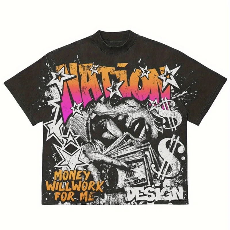 

Y2K Style, English, Directional Print T-shirt, Breathable, Comfortable and Energetic Summer Street Style Short-sleeved T-shirt