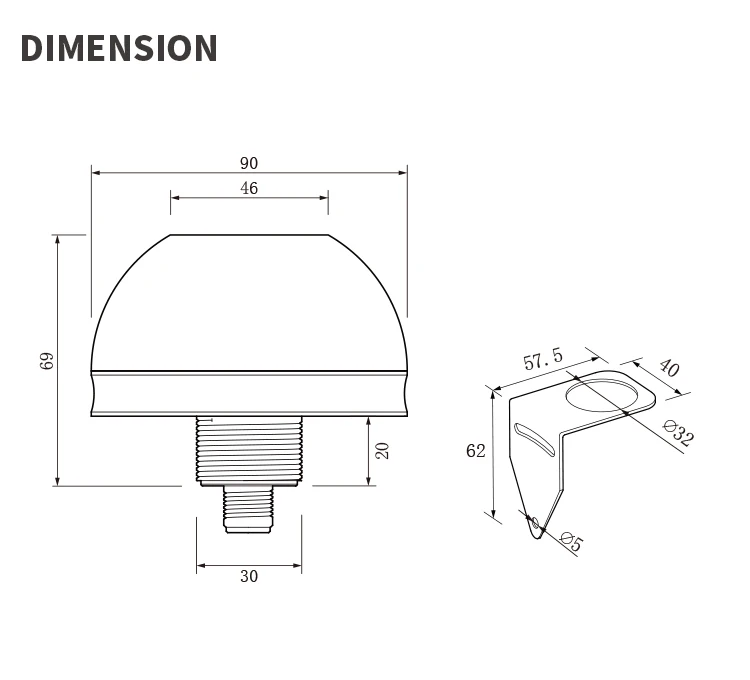 야외 방수 LED 돔 표시기 신호등, O90 3 색, IP69K 90mm 기계, M12 포함