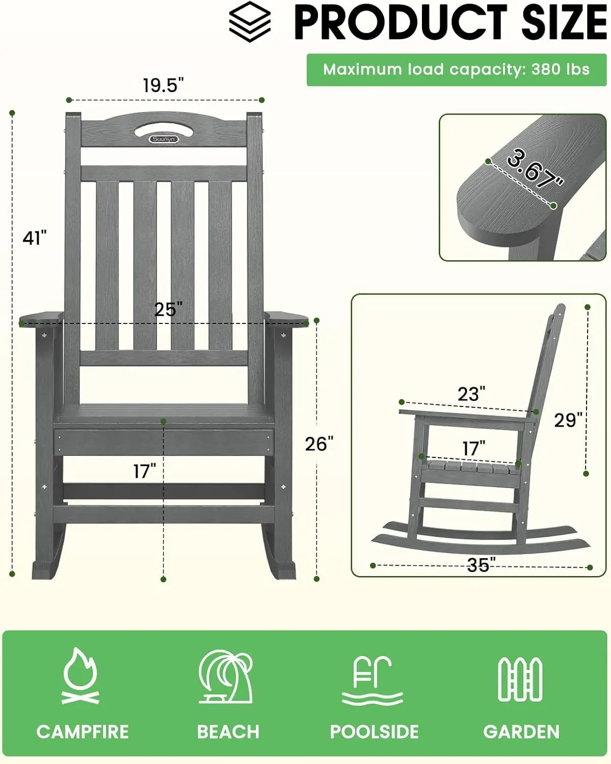 Outdoor Rocking Chair, High Back Porch Rocker Chair, HDPE All Weather Resistant Rocking Chairs for Patio, 380lbs Weight Capacity
