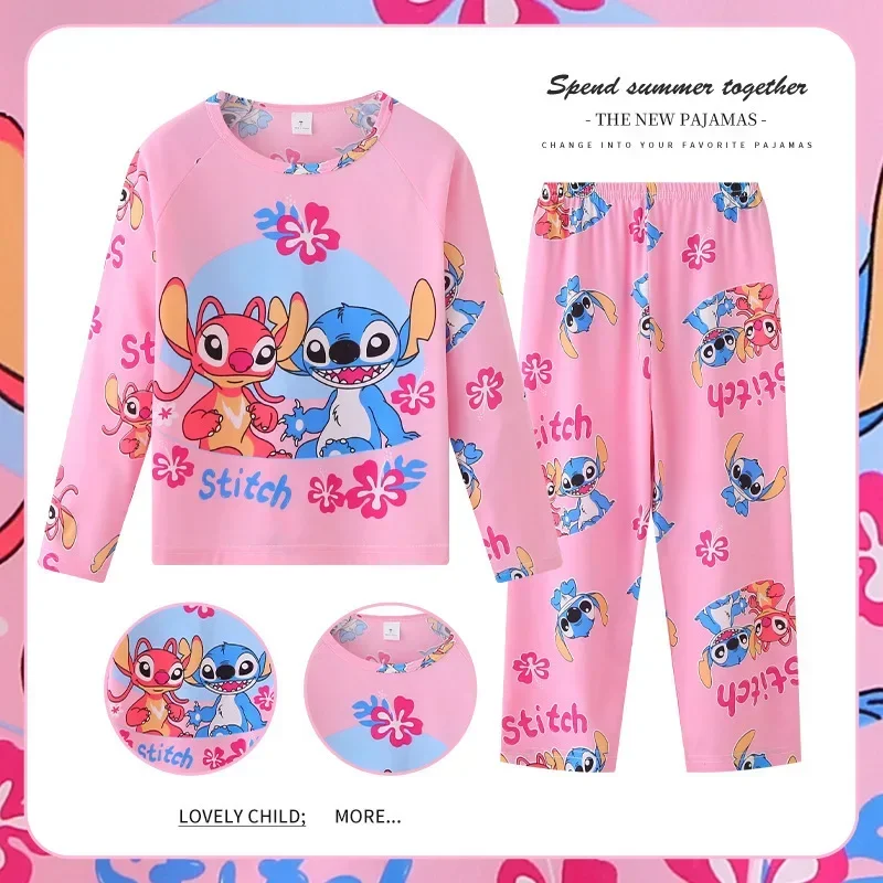 Disney Stitch Girls\' Pajamas 2-piece Set Long Sleeve Leisure Wear Kids Clothes Kawaii Lilo Stich Angel Print Tops Pant Sleepwear