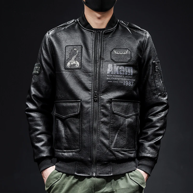 Leather Jacket Men's Autumn Korean High Street Fashion Embroidery Fur Clothing Locomotive Match Casual Slim Male Coat Streetwear