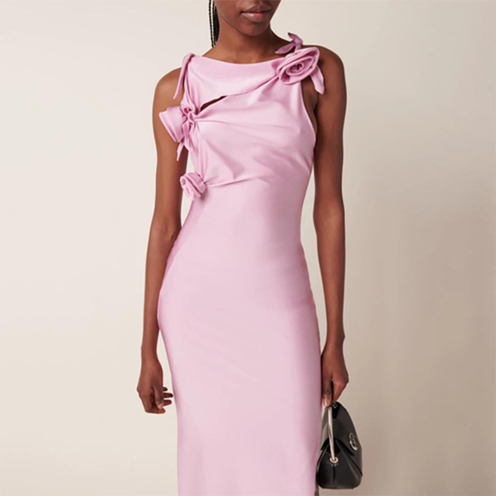 فستان سهرة أنيق مطوي مزين بالزهور وحفلات التخرج وحفلات الكوكتيل الوردية لحفلات الزفاف الرسمية المستقيمة بطول الشاي فستان الزفاف للضيوف