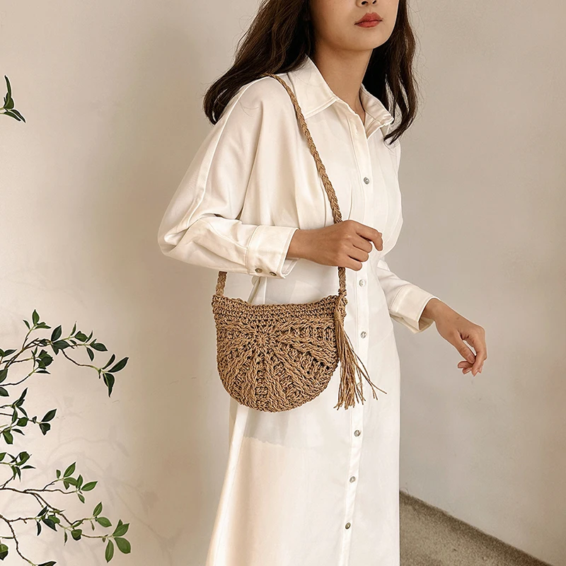 

Straw round shoulder bag 2024 summer new Hawaii hand-woven straw bag holiday beach beach women's handbag fine workmanship