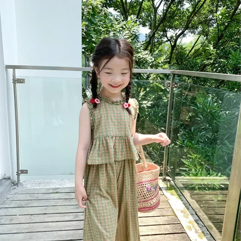 

Children Comfortable Casual 2pcs Clothes Sets 2025 Girls Baby Summer Clothing Set Plaid Tops Shirts+pants Kids