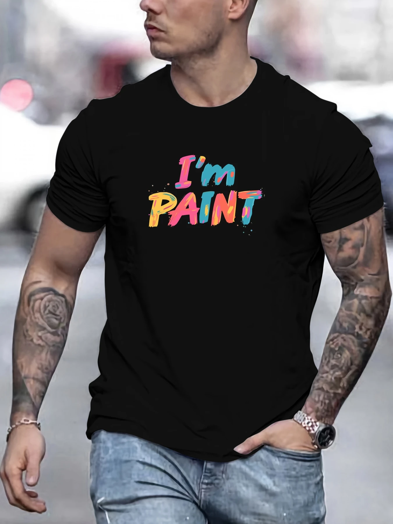 

Men's I'm PAINT pattern summer casual crew neck short T-shirt