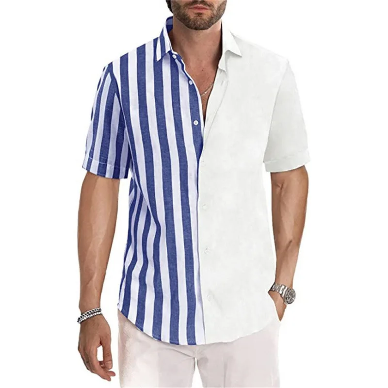 2024Summer Shirt Amazon New Men's Short Sleeve Half Stripe Print Turn-down Collar Shirt Source