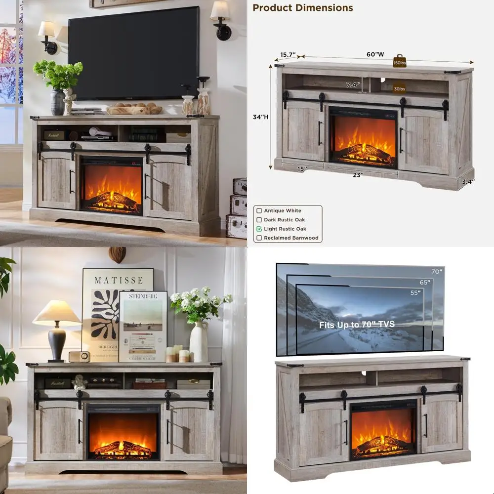 

Rustic 70 TV Fireplace Stand, 33 High Entertainment Center with Electric Fire, Media Console