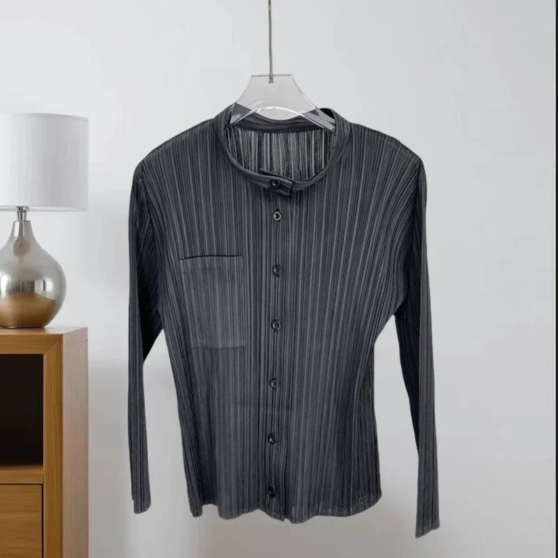 

Miyake Pleated Shirt 2025 Fall Senior Sense Stand-up Collar Long-sleeved Blouse Female Temperament Versatile Slim Pleated Blouse