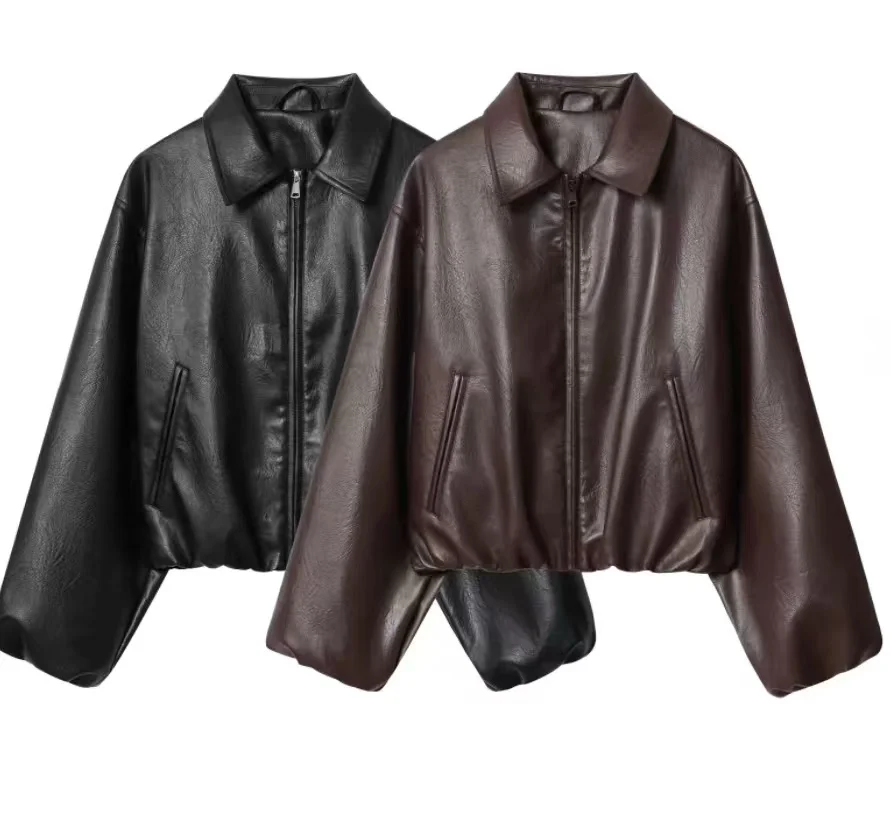 Fashionable 2025 Women's Short Flight Jacket Zipper Fake Leather Coat  Collar All-Match Outerwear PU Material Long Sleeve