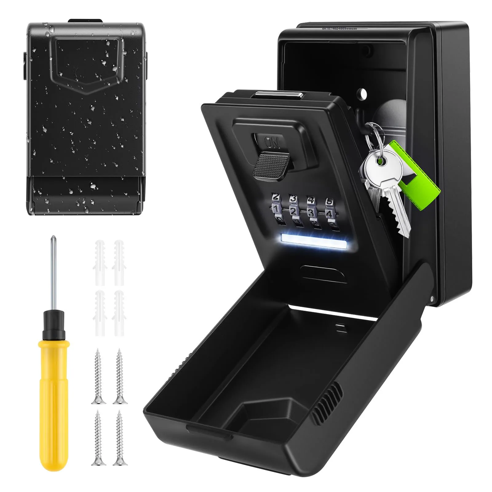 Key Lock Box for Outside Wall Mounted with Light Up Dials - Waterproof Extra Large Key Box 4-Digit Combination Storage Lockbox