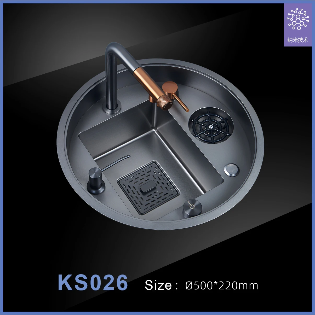 小型丸型手作りステンレス製ワークステーションシンク、カップウォッシャー付き隠しキッチンバーシンク