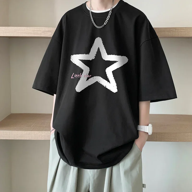 Men's Cotton T-shirts White Mens Oversized T Shirt Summer Casual Wear 5XL Five-pointed Star Print Tee Shirts Big Size Clothes