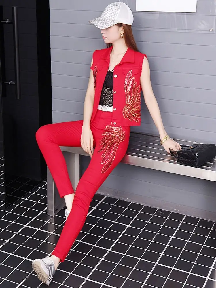 

Fashionable Embroidered Sequin Denim Set Women's Korean Style Top And Pants Two-Piece Suit Spring Autumn Winter Seasonal Wear