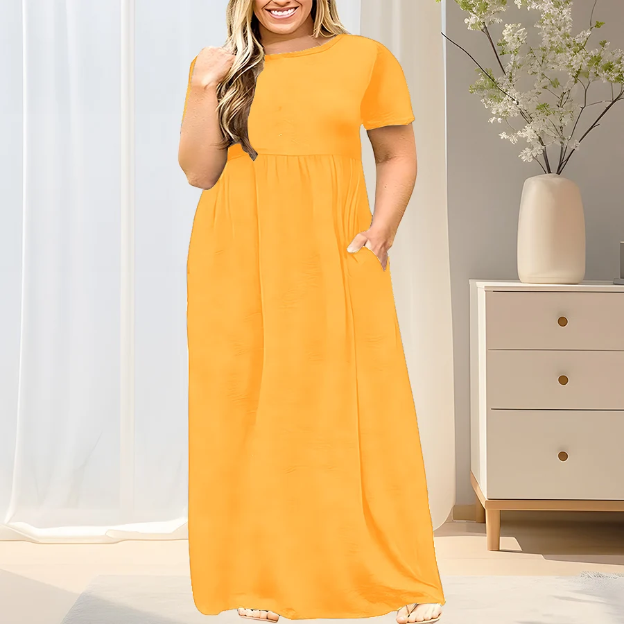 

2024 New Women's Plus Size Casual Summer Dress - A-Line Short Sleeve Round Neck Maxi Dress, Machine Washable Solid Color Breatha