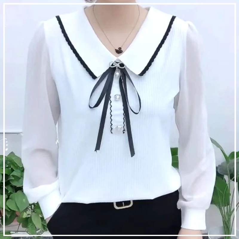 

Summer Western Versatile Commuting Simple and Fashionable Lace Up Colored Doll Neck Casual Loose Long Sleeved Shirt for Women