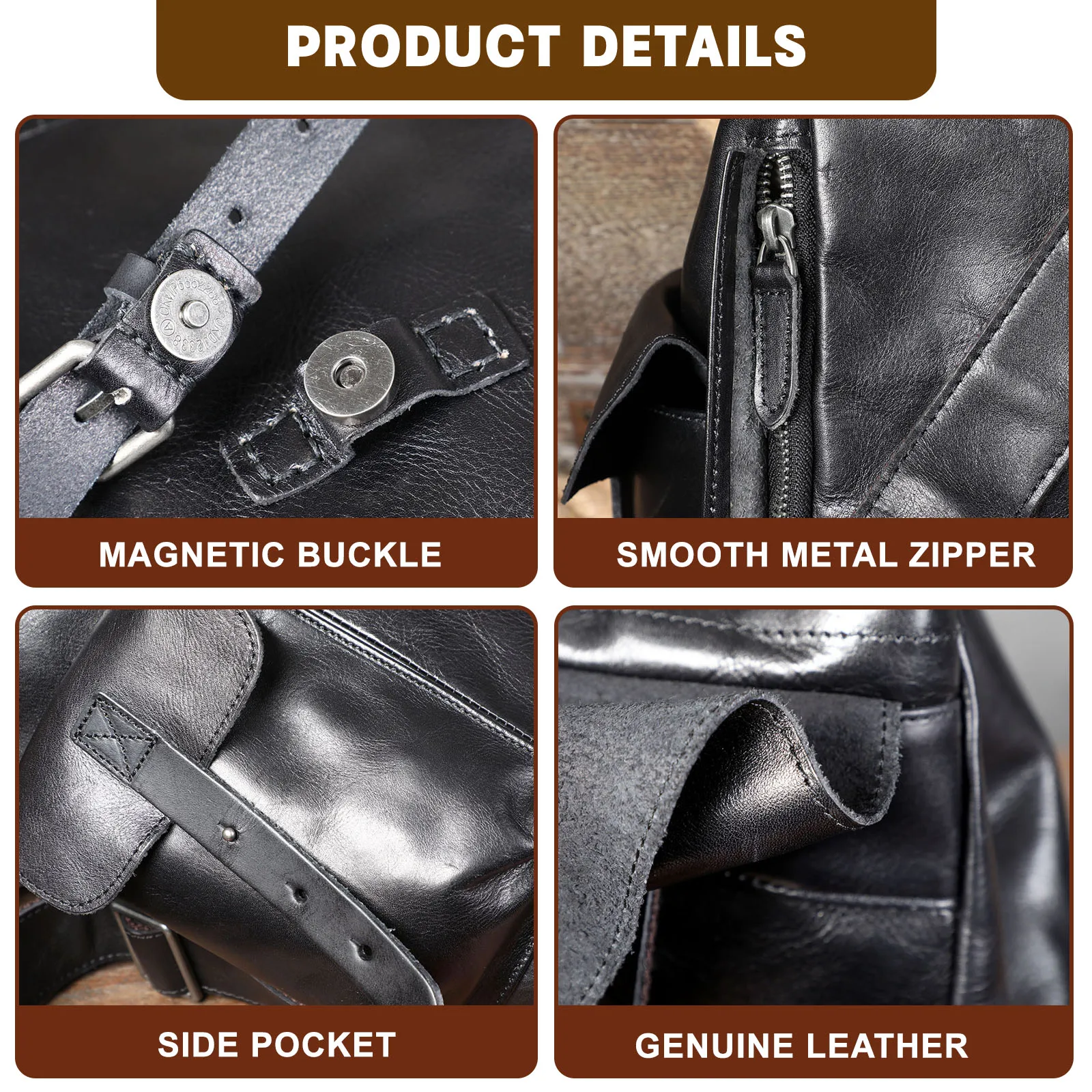 Lässiger Herrenrucksack aus echtem Leder, Laptoptasche für Herren, Reisetasche, Obermaterial aus Rindsleder, modischer Herrenrucksack im Preppy-Stil – Detail 14