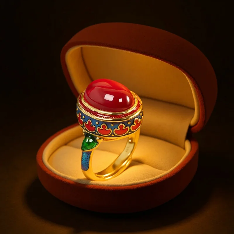 

Original 925 Sterling Silver Gold-plated Natural Red Corundum Women's Ring With Enamel Ethnic Style Light Luxury Wedding Jewelry