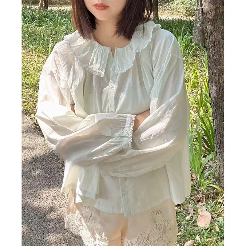 Susan French Sle Loose Fit Long Sve Cotton Lace Trim irt Top casual versatile in cotone sottile per giovani donne