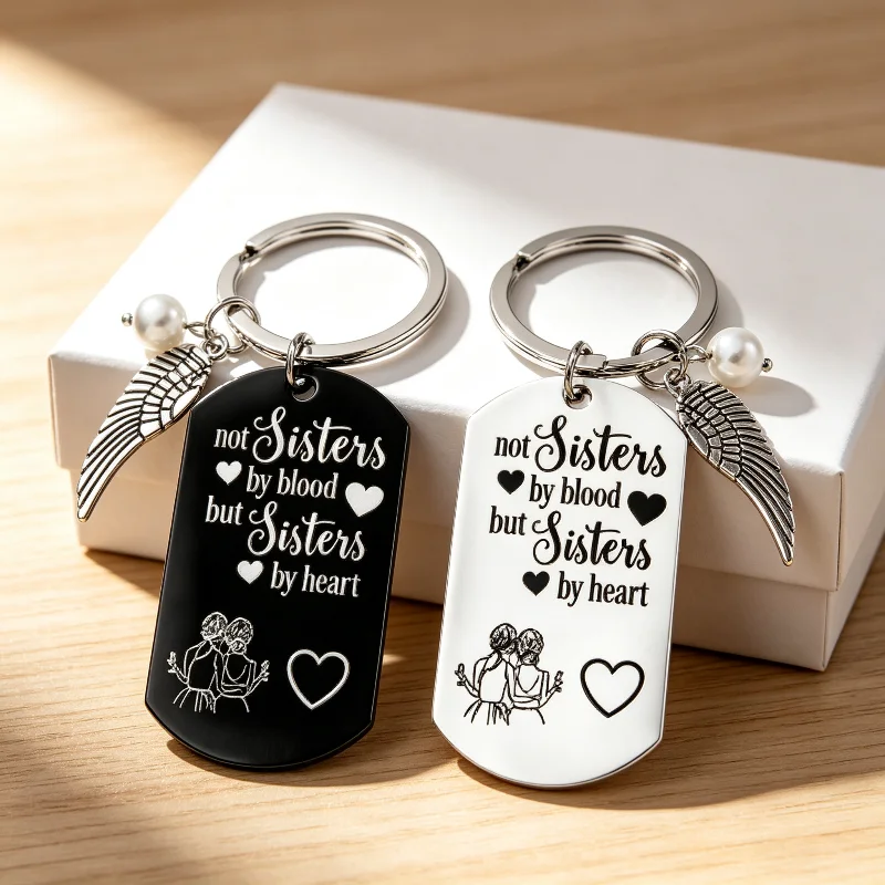 Black Silver Pearl Wing Pendant Keychain 'Not Sisters by Blood' Unique Girlfriend Gift Jewelry Accessory