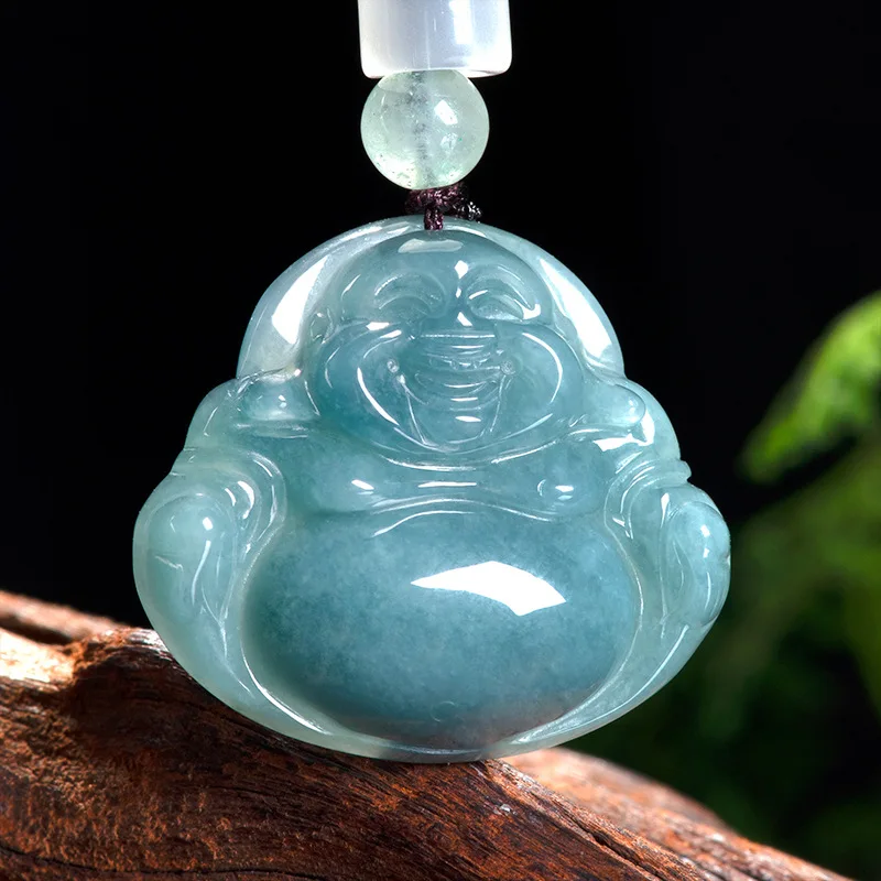 Natural A-grade Jadeite Blue Water Buddha Big Belly Buddha Old Material Ice Seed Jade Pendant Men's Necklace Women's Pendant