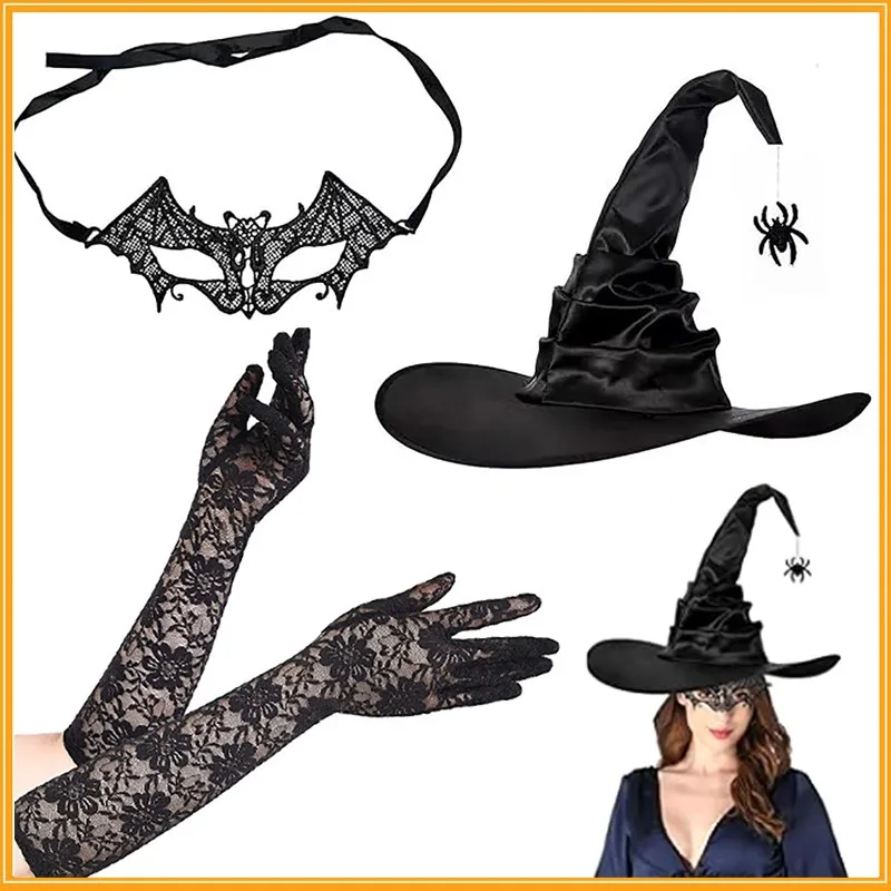 3pcs Halloween Witch Costume Set Ruffled Witch Hat Bat Lace Mask Long Lace Gloves Cosplay Party Accessory