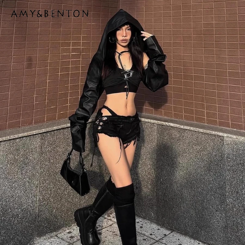 الأوروبية الأمريكية مثير الساخن فتاة الشارع الحلو كول الأسود بولي Leather جلد المرأة معطف 2025 الخريف جديد قاطرة مقنعين سترة السيدات #1