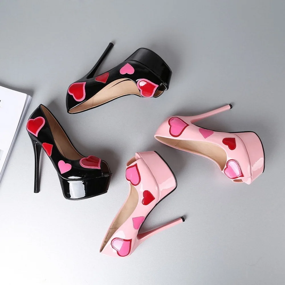 Sexy Fishou-mouth High Heels,Women Platform Pumps,Heart Print Spring Night Club Working Shoes,Slip On,Size 33-41,Pink,Dropship