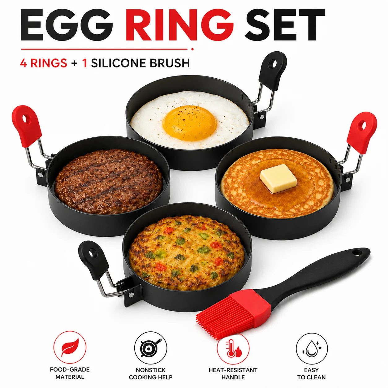 Juego de 5 moldes redondos antiadherentes para huevos con brocha para untar, molde para hacer huevos, molde para panqueques, molde para omelets, moldes para cocinar, utensilio de cocina