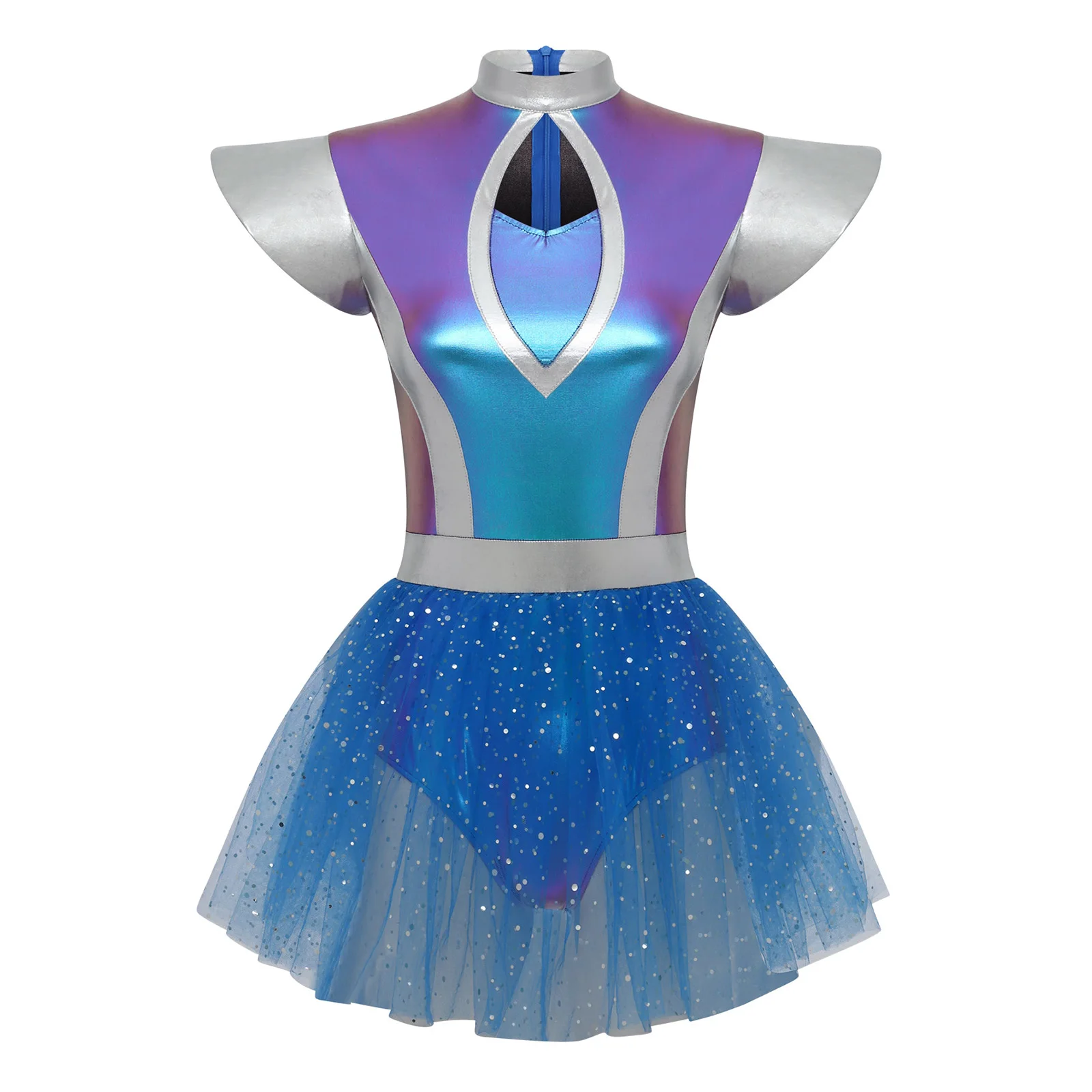 

Halloween Alien Costume Dress for Women Fly Sleeve Hollow Out Design Metallic Patchwork Tulle Hem Perfect for Space Themed Party