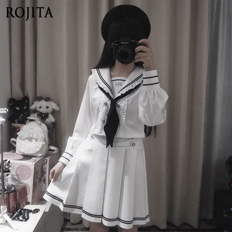 Sailor Collar Sailor Uniform Skirt Set Subculture Long Sleeve and Short Sleeve Sweet 2-Piece Set Preppy Style Kawaii Outfit