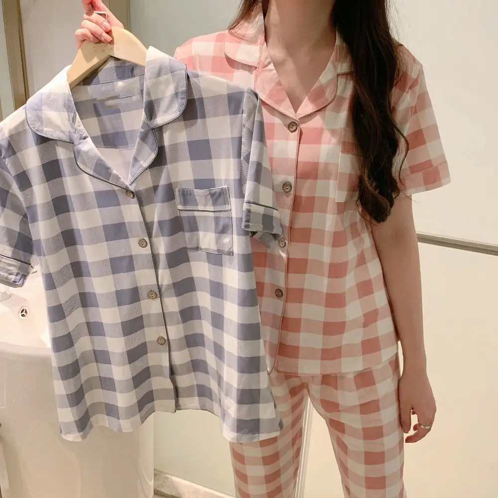 

Korean Style Short Sleeve Grid Pajama Suit Slim Fit V Neck Tops Pants Nightwear Women Sleepwear Two Pieces Pajama Sets Lady Girl