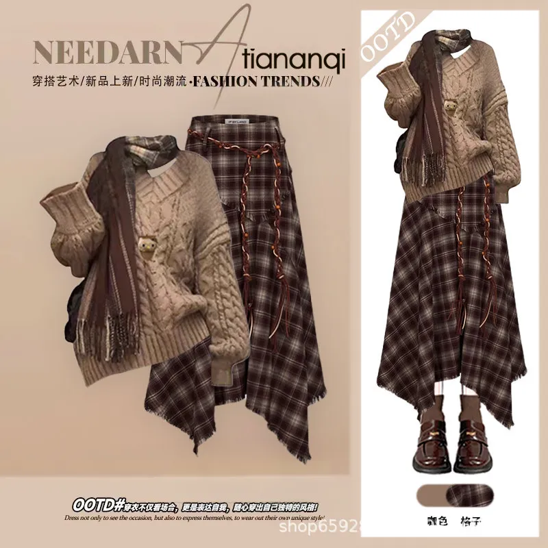 Fashion Women's Set Spring and Autumn New Edition Slim Knitted Sweater+High Waist Checkered Half Skirt Two Piece Set