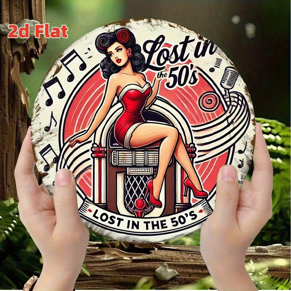 1PC Lost In The 50s Pin-up Girl Round Metal Tin Sign, Retro Jukebox Rock Music Plaque, 2D Flat Wall Decor For Diner Cafe