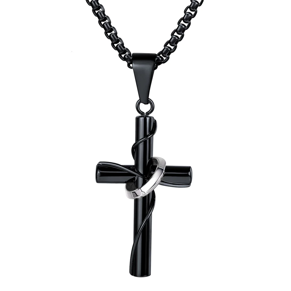 ChainsPro Catholic Ring &Cable Wire Wrap Cross Necklaces for Men Women Stainless Steel Christian Jewelry Gift for Family Members
