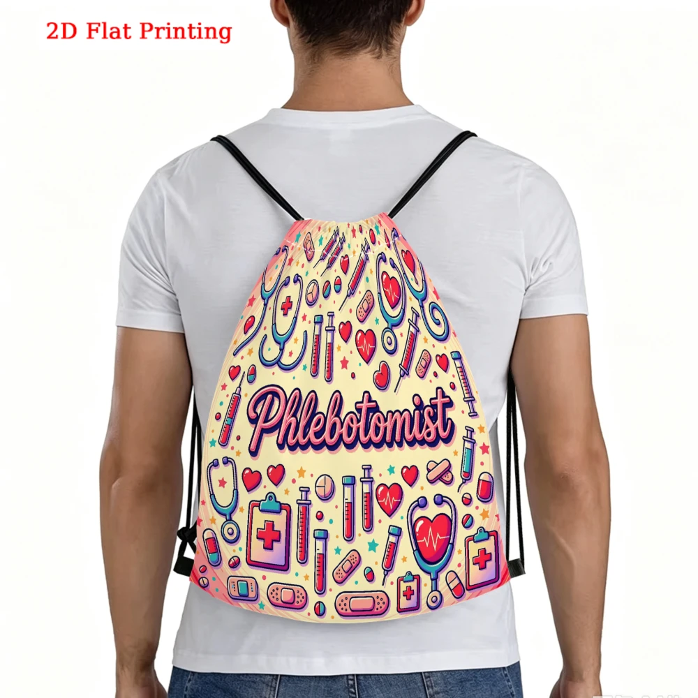 Medical Theme Phlebotomist Drawstring Backpack with Stethoscope & Syringe, Outdoor Travel Fitness Sports Bag