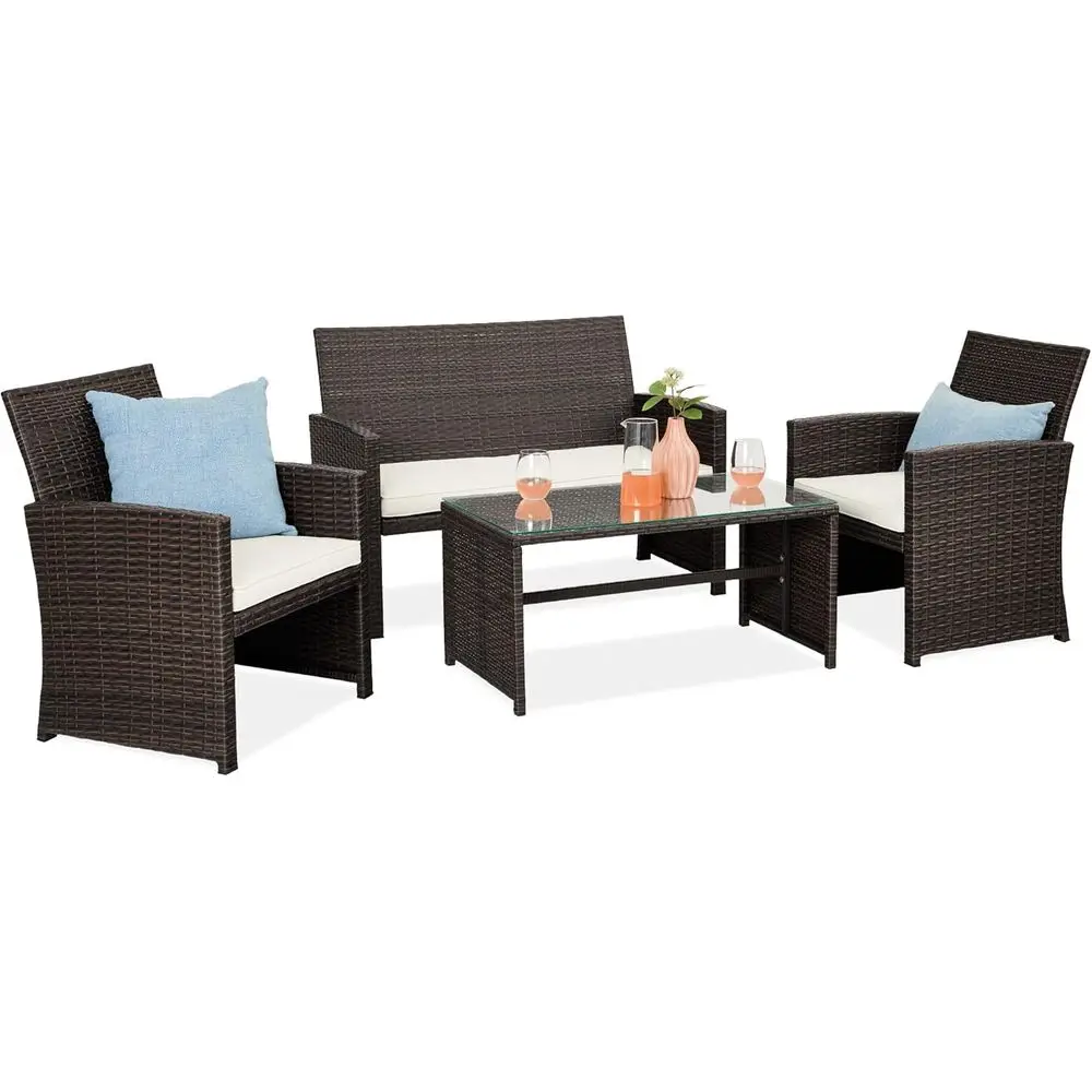 

Комплект садовой плетеной мебели из 4 предметов (коричневый/белый) с кофейным столиком и подушками