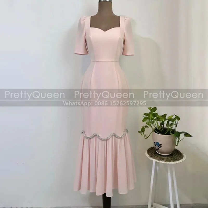 

Square Neck Bridesmaid Dresses Mermaid Beaded Short Sleeves Customized Tea Length Trumpet Wedding Party Dress