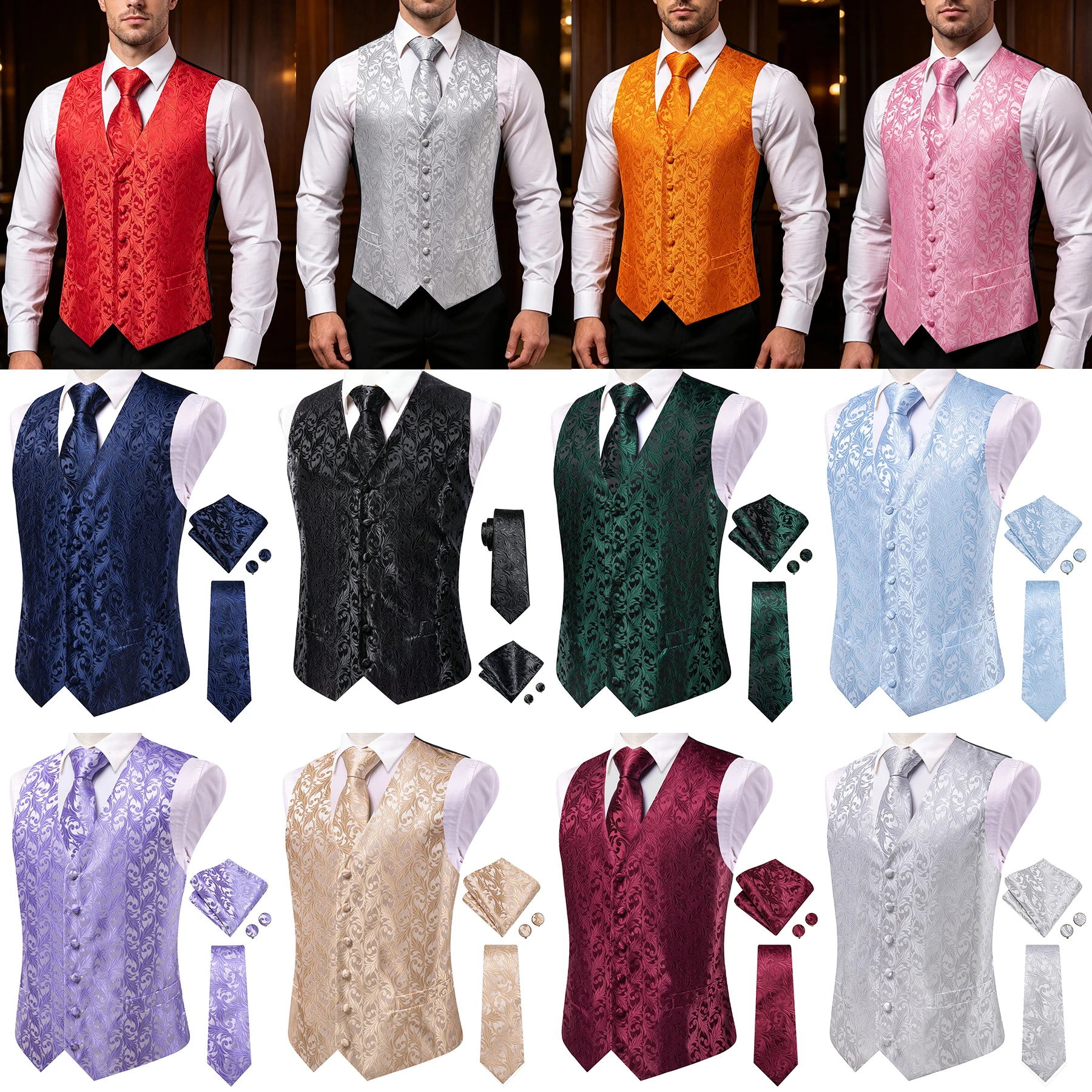 Conjunto de 4 Piezas para Hombre en Naranja, Azul y Negro con Diseño de Plantas Tropicales en Jacquard, Incluye Chaleco, Pañuelo y Gemelos para Ceremonias de Boda