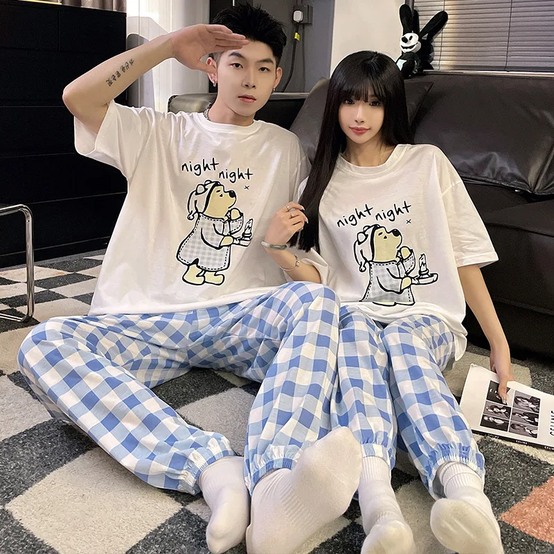 New men\'s couple pajamas summer round neck short-sleeved trousers loose casual cartoon cute loungewear suit can be worn outside