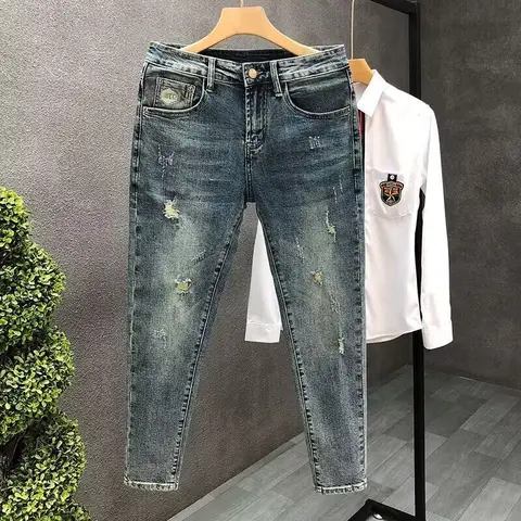 Kore lüks giyim erkek ince yırtık rahat kot pantolon erkekler için bahar sonbahar Vintage Skinny Jeans için Streetwear yumuşak kot