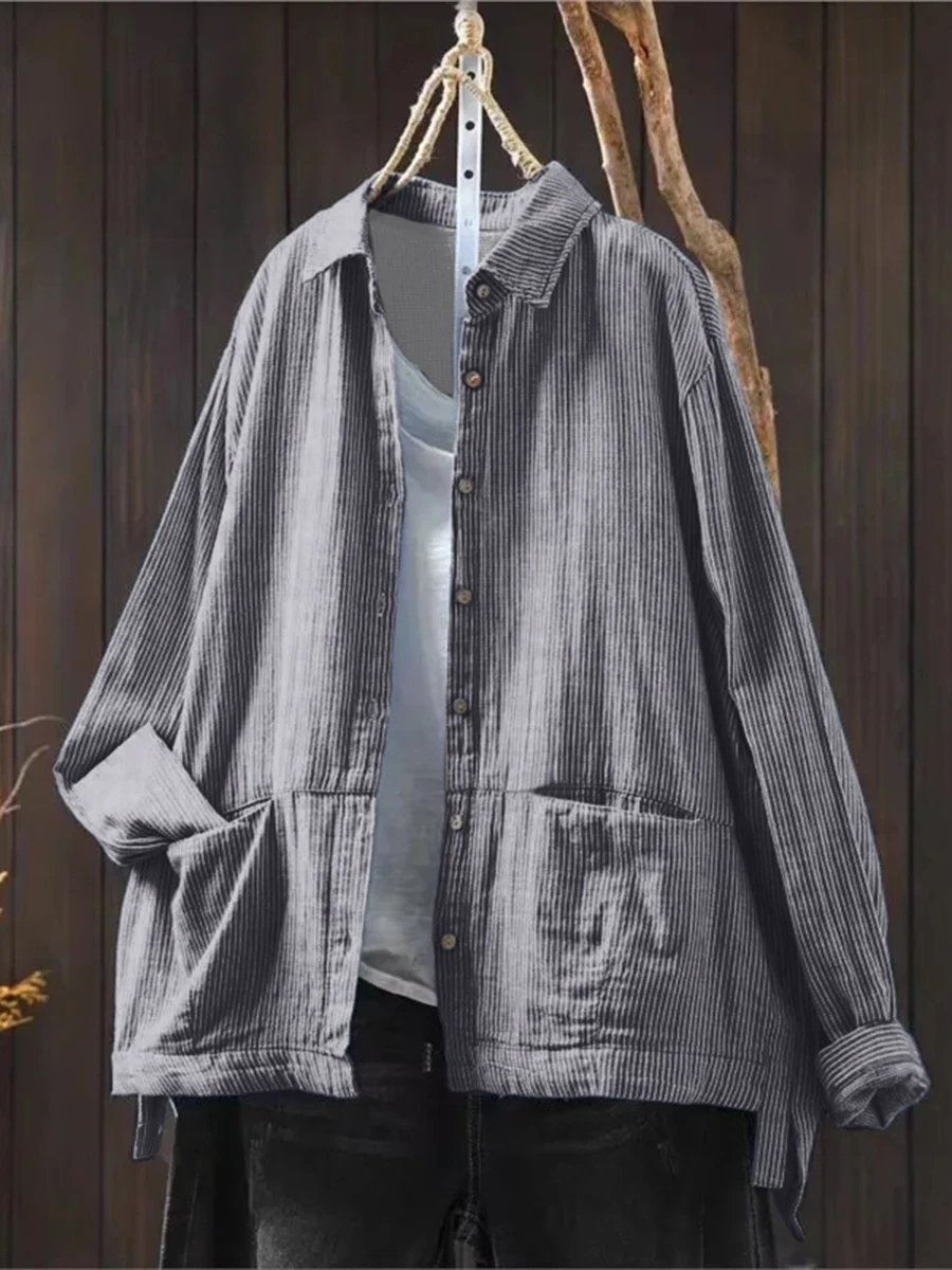 Embellish Knit - Kemeja Wanita Vintage Bergaris Vertikal Lengan