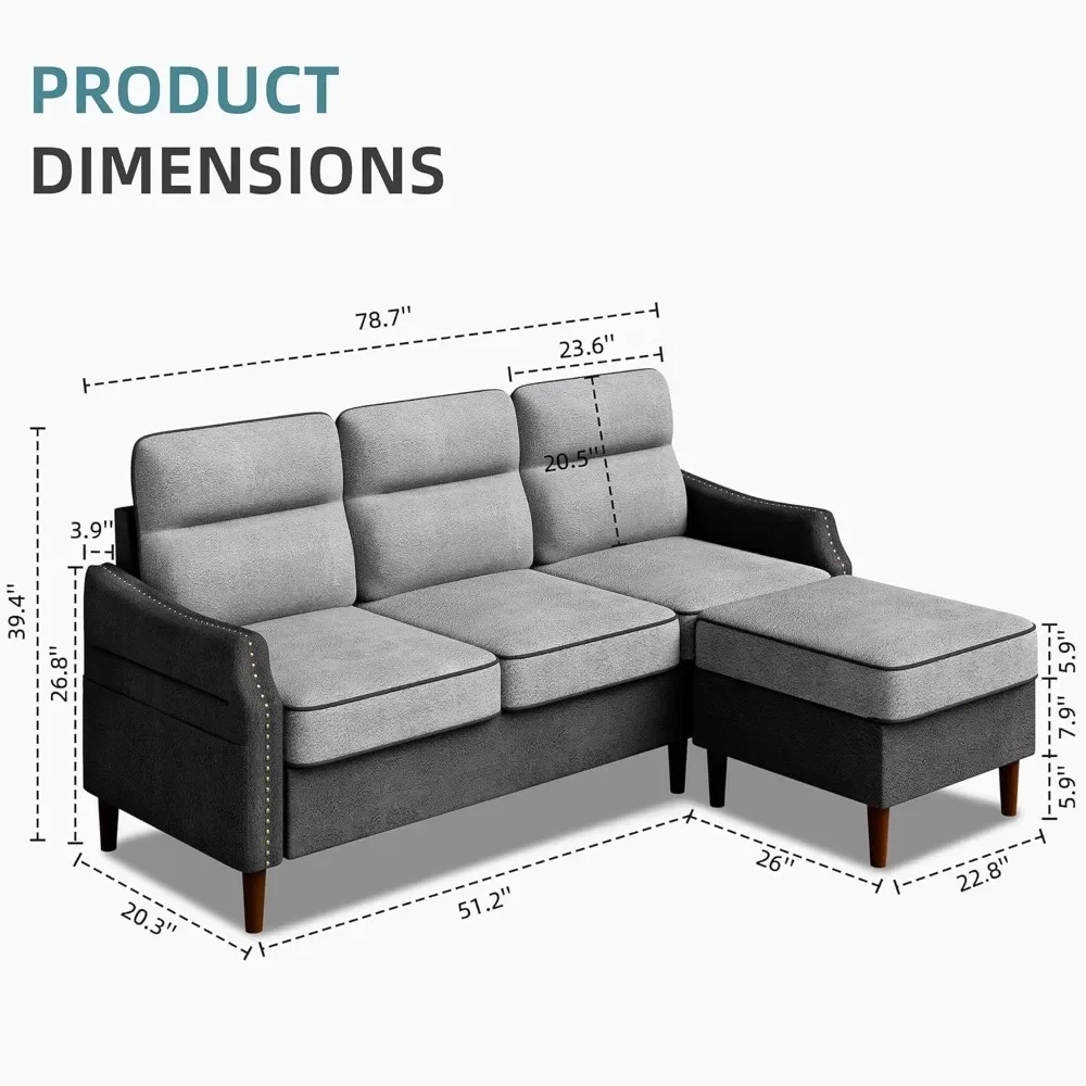 78'' Sectional L Shaped Sofa Couch with Side Storage Bag,Convertible Sofa with Reversible Chaise and Rivet Decor for Living Room