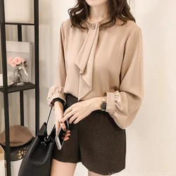 PLAZSON Solid Office Ladies Chiffon Blouses Spring Long Sleeve O Neck Bow Tie Top Elegant Workwear  قمصان وبلوزات  camisas