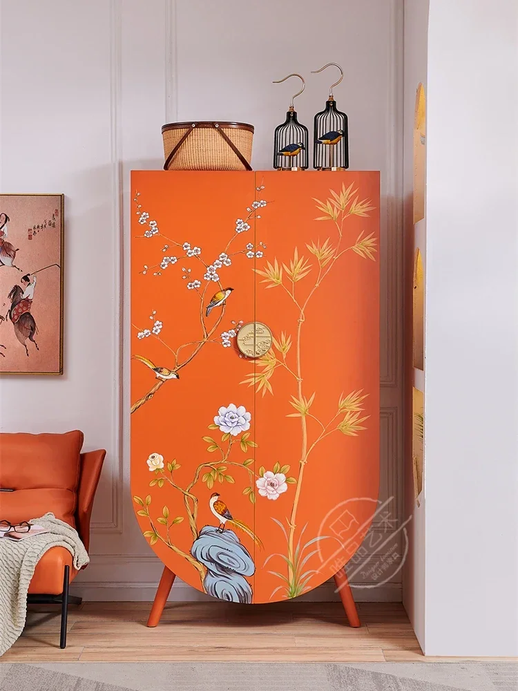 Clothes Closet Bedroom Storage Orange Hand Painted Side Cabinet Solid Wood Double-Door Little Clothes Cabinet