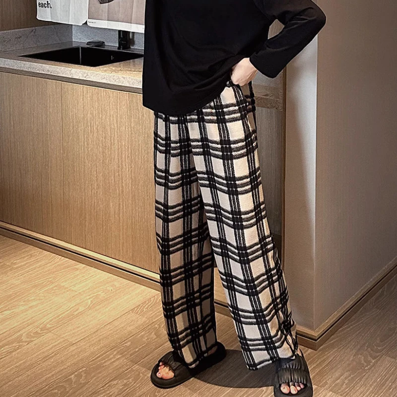 Summer Sleep Bottoms Women Plaid Loose Casual Home Korean Style Students Classic Literary Breathable Full-length Trousers Daily